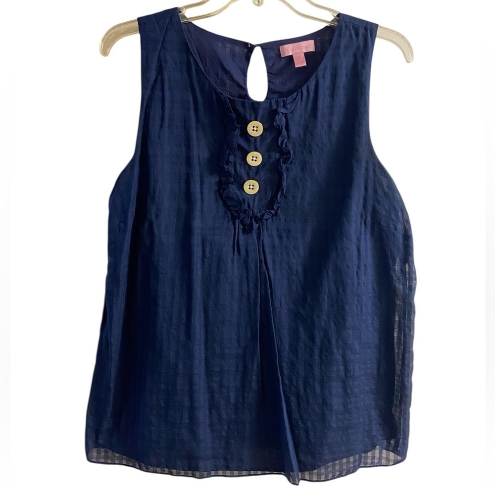 Lilly Pulitzer navy blue silk blend sleeveless blouse ruffled sz 12